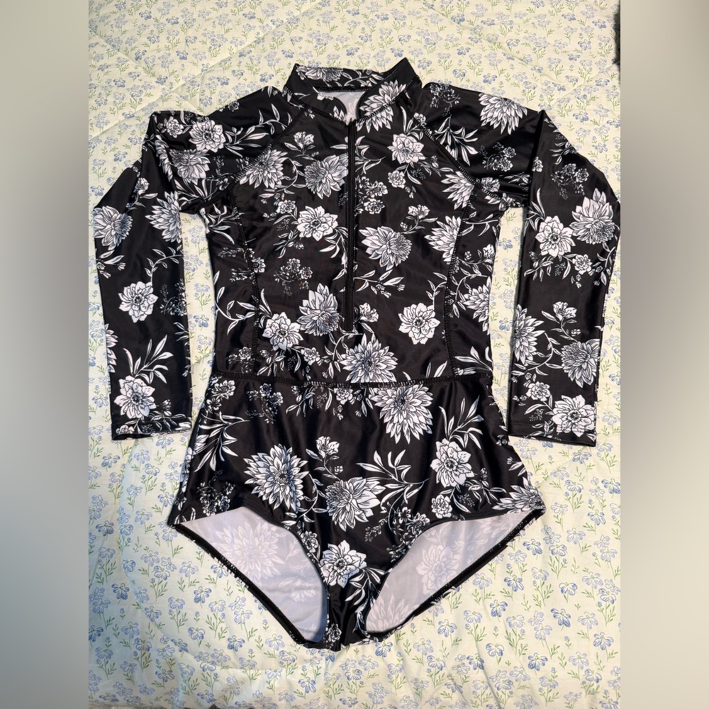 Floral Black and White One Piece Swimsuit/ Rash guard